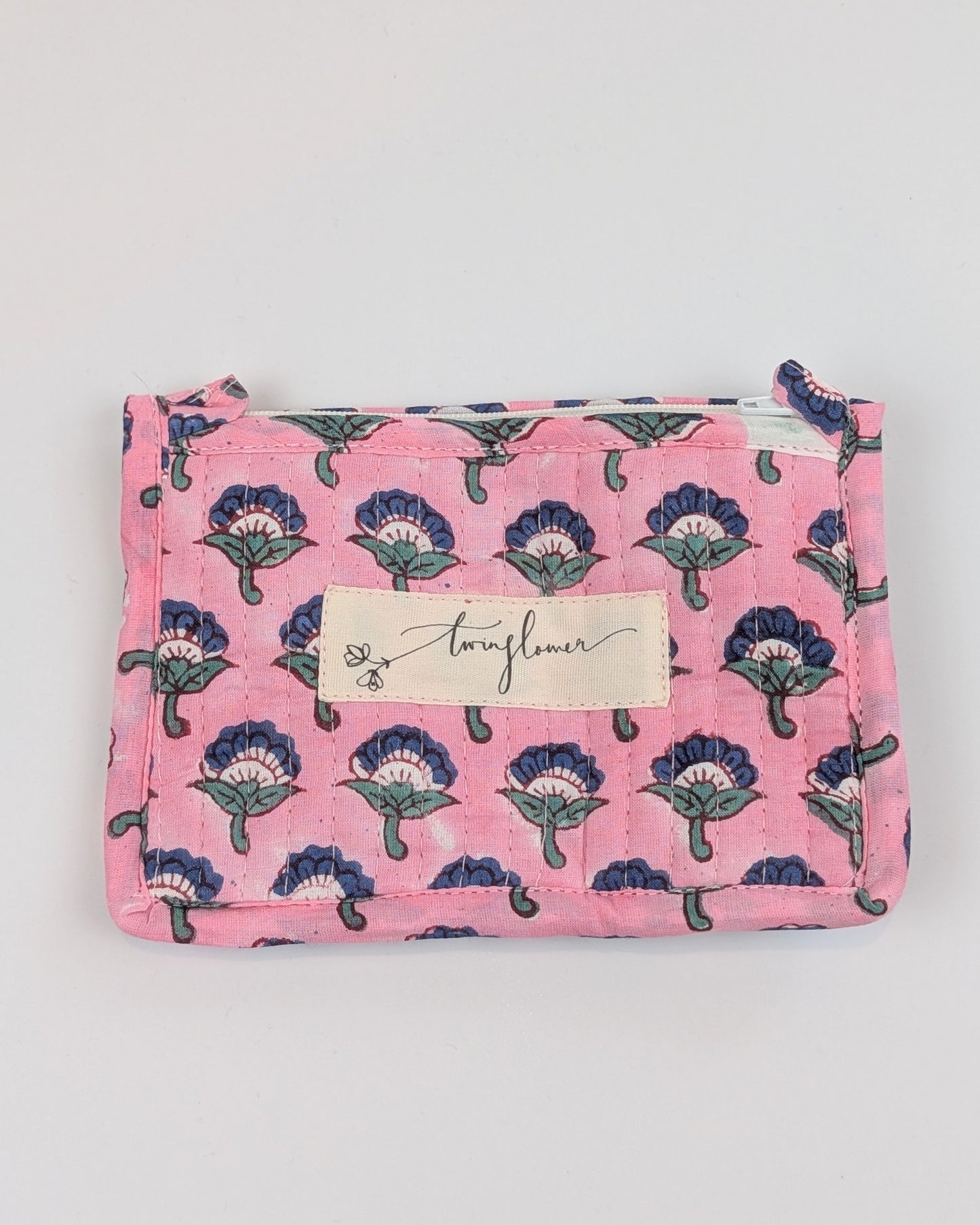 Twinflower Pink Floral Block Print Quilted Small Pouch Purse - Precious Sparkle