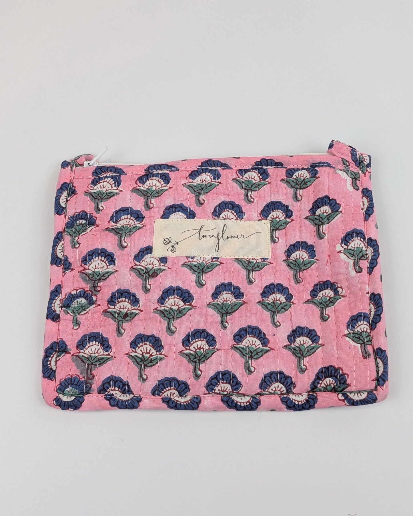 Twinflower Pink Floral Buti Block Print Quilted Medium Pouch Purse - Precious Sparkle