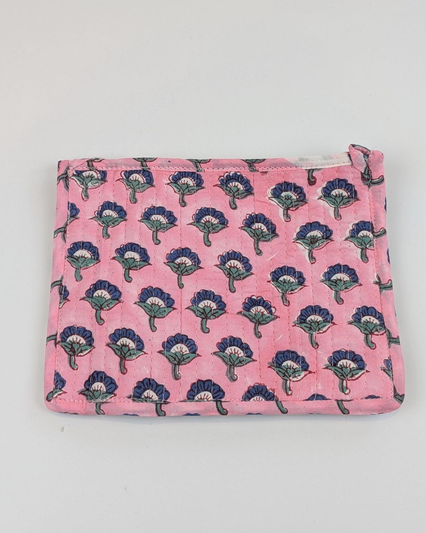 Twinflower Pink Floral Buti Block Print Quilted Medium Pouch Purse - Precious Sparkle