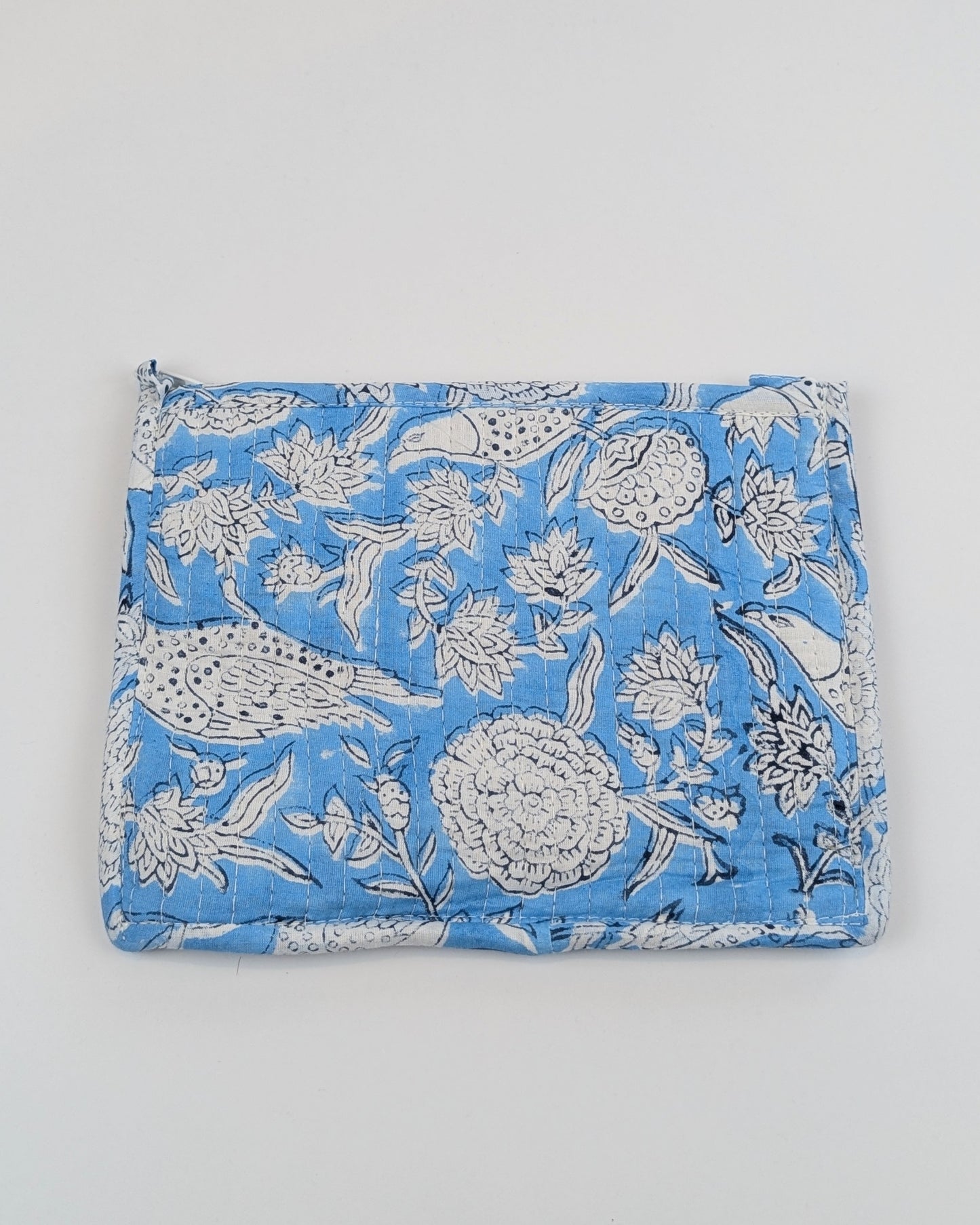 Twinflower Sky Blue Floral Block Print Quilted Medium Pouch Purse - Precious Sparkle