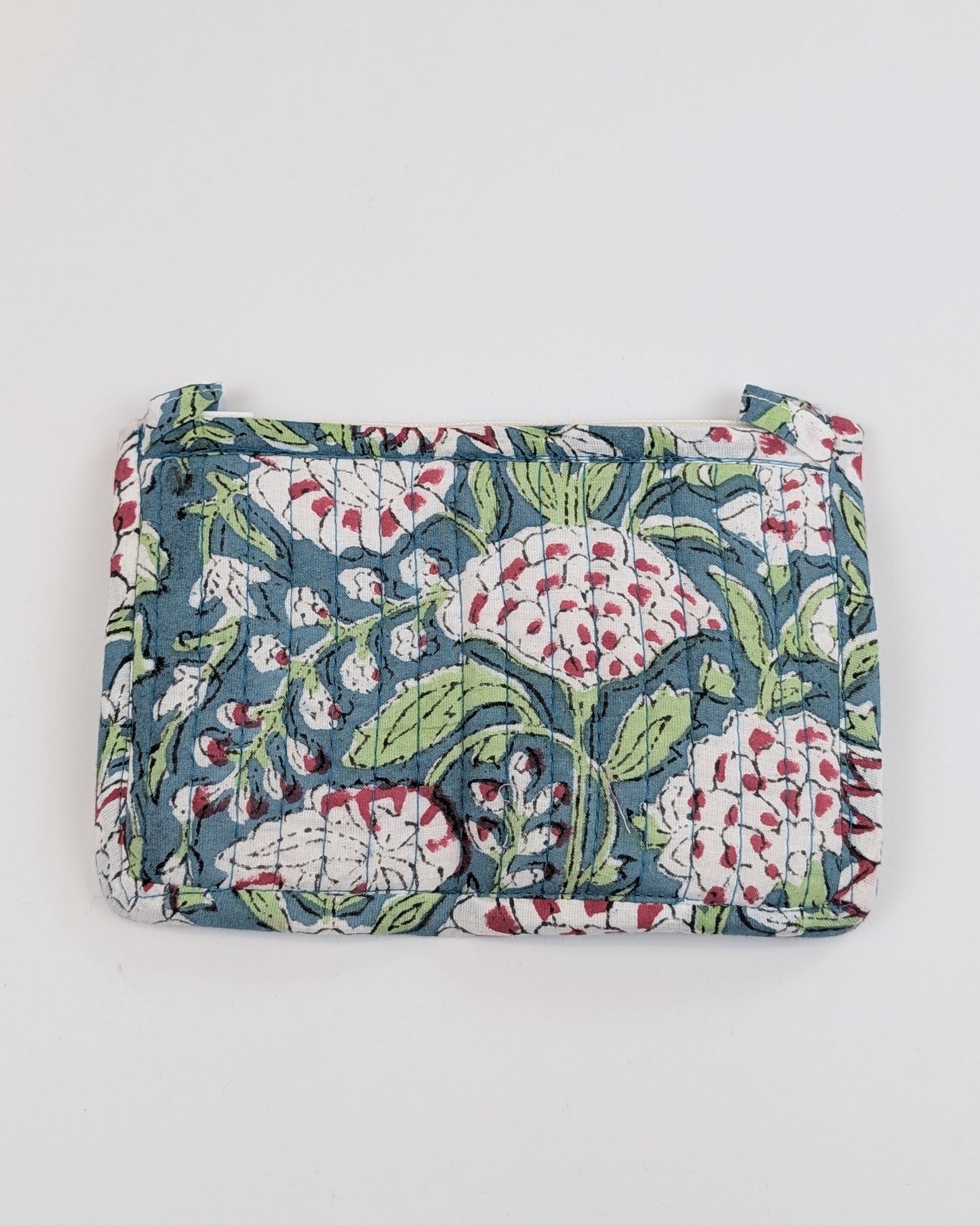 Twinflower Teal Floral Block Print Quilted Small Pouch Purse - Precious Sparkle