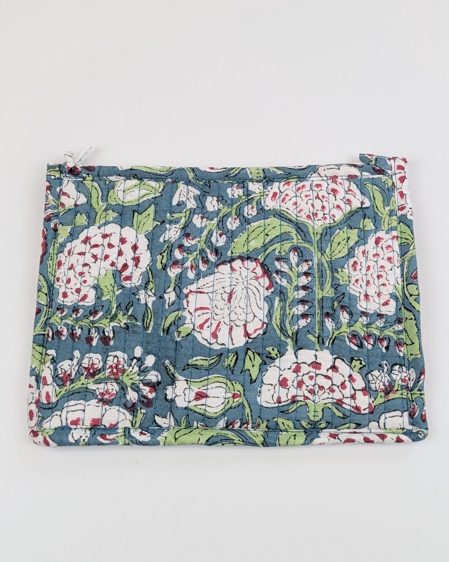 Twinflower Teal Floral Block Print Quilted Medium Pouch Purse - Precious Sparkle