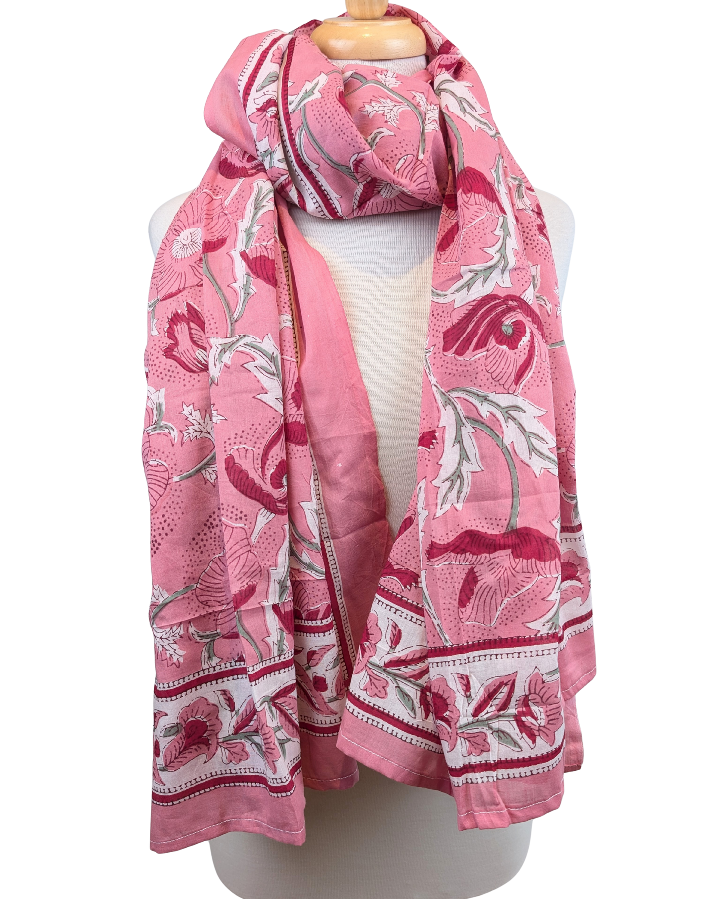 Pink & Red Floral Block Print Cotton Pareo Sarong Scarf - Precious Sparkle
