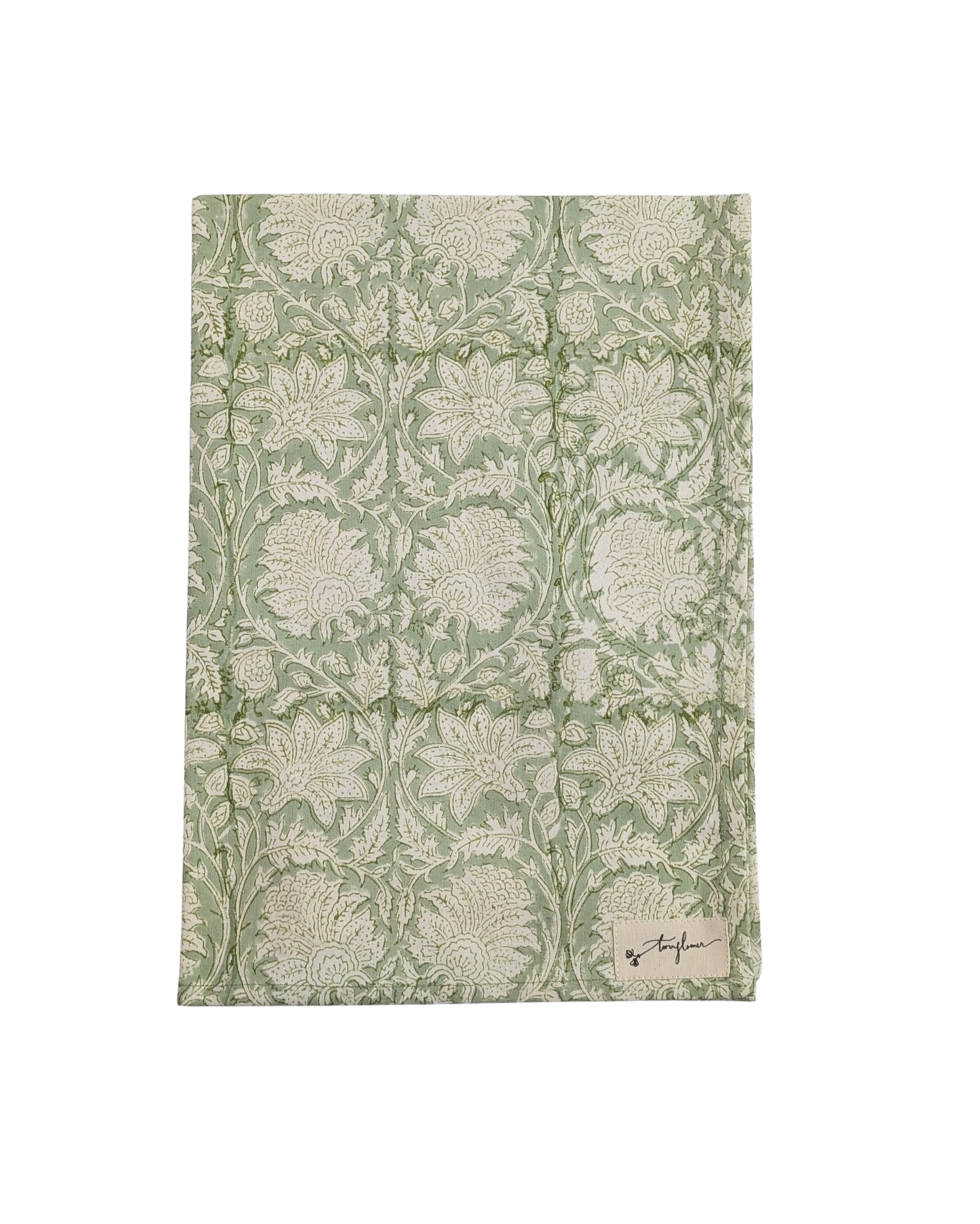 Green Floral Block Printed Cotton Tea Towel