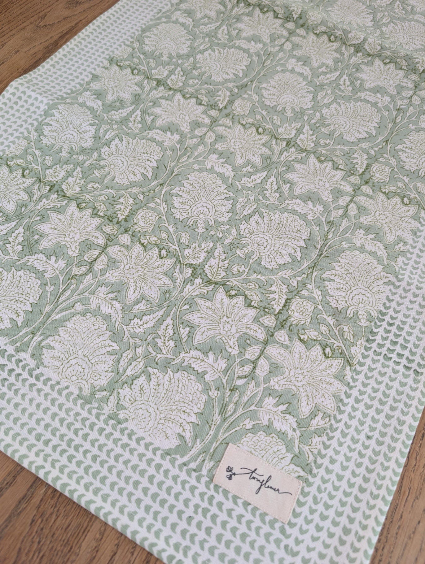 Green Floral Block Printed Cotton Table Runner 45x150cm