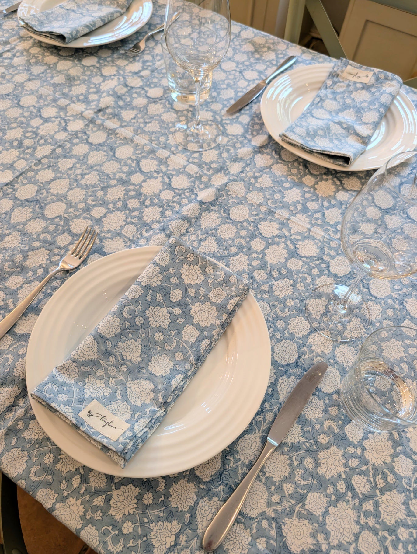 Blue Floral Block Printed Cotton Table Cloth 150x230cm