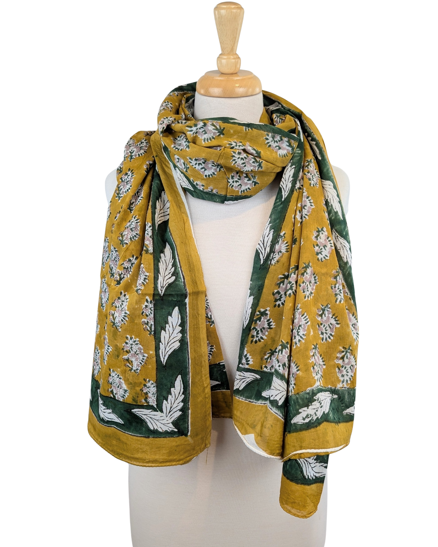 Mustard & Green Floral Block Print Cotton Sarong Scarf - Precious Sparkle
