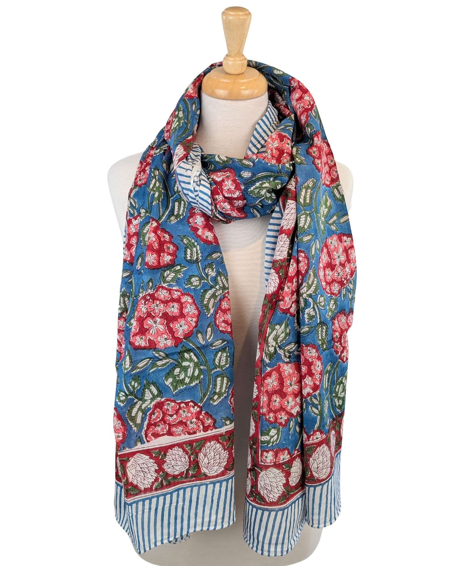 Red/Blue Rhododendron Block Print Cotton Sarong Scarf - Precious Sparkle