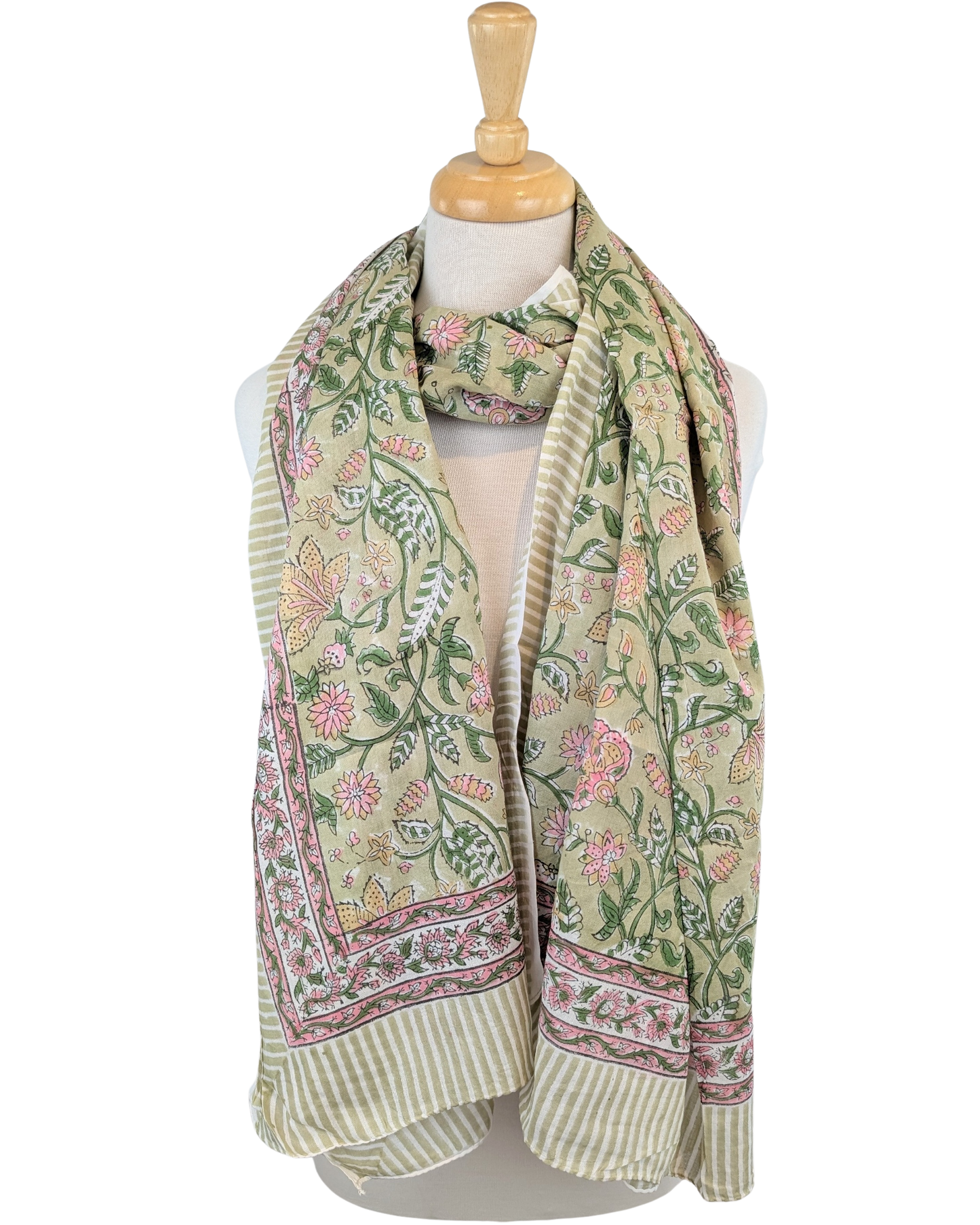 Light Green & Pink Floral Block Print Cotton Sarong Scarf - Precious Sparkle