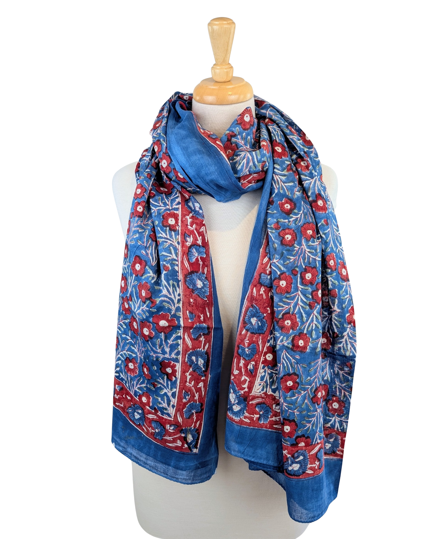 Blue & Red Floral Block Print Cotton Sarong Scarf - Precious Sparkle