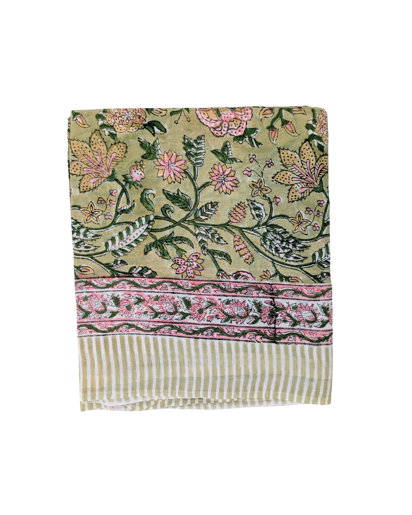 Light Green & Pink Floral Block Print Cotton Sarong Scarf - Precious Sparkle