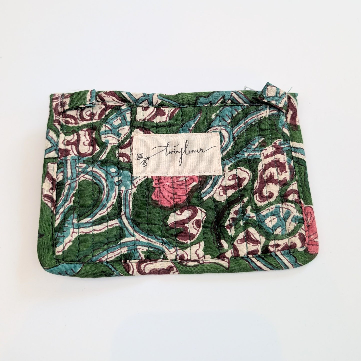 Pine Green Floral Block Print Quilted Small Purse