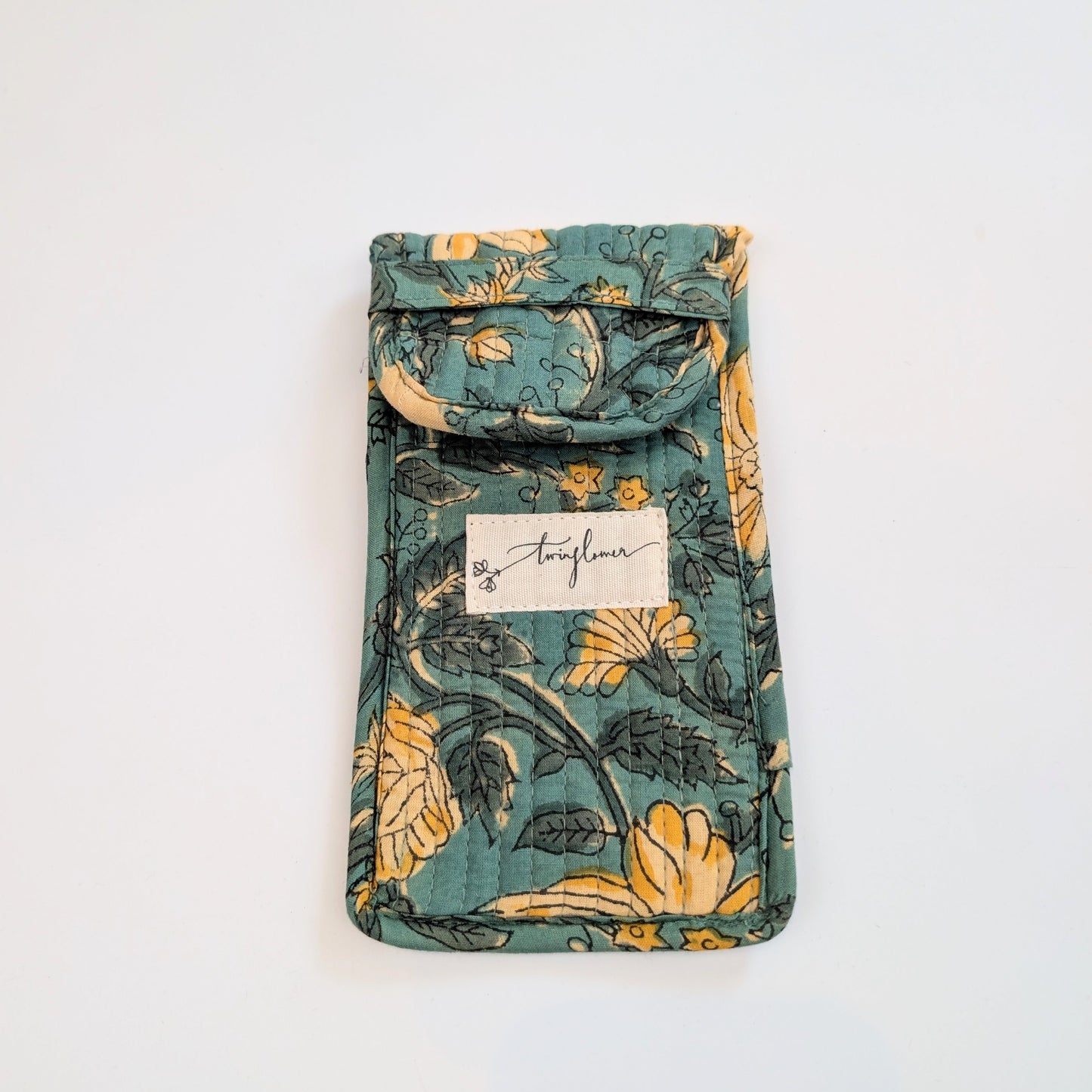 Teal & Yellow Floral Block Print Quilted Glasses Case