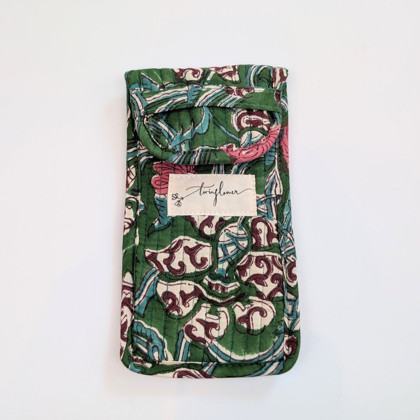 Pine Green Floral Block Print Quilted Glasses Case