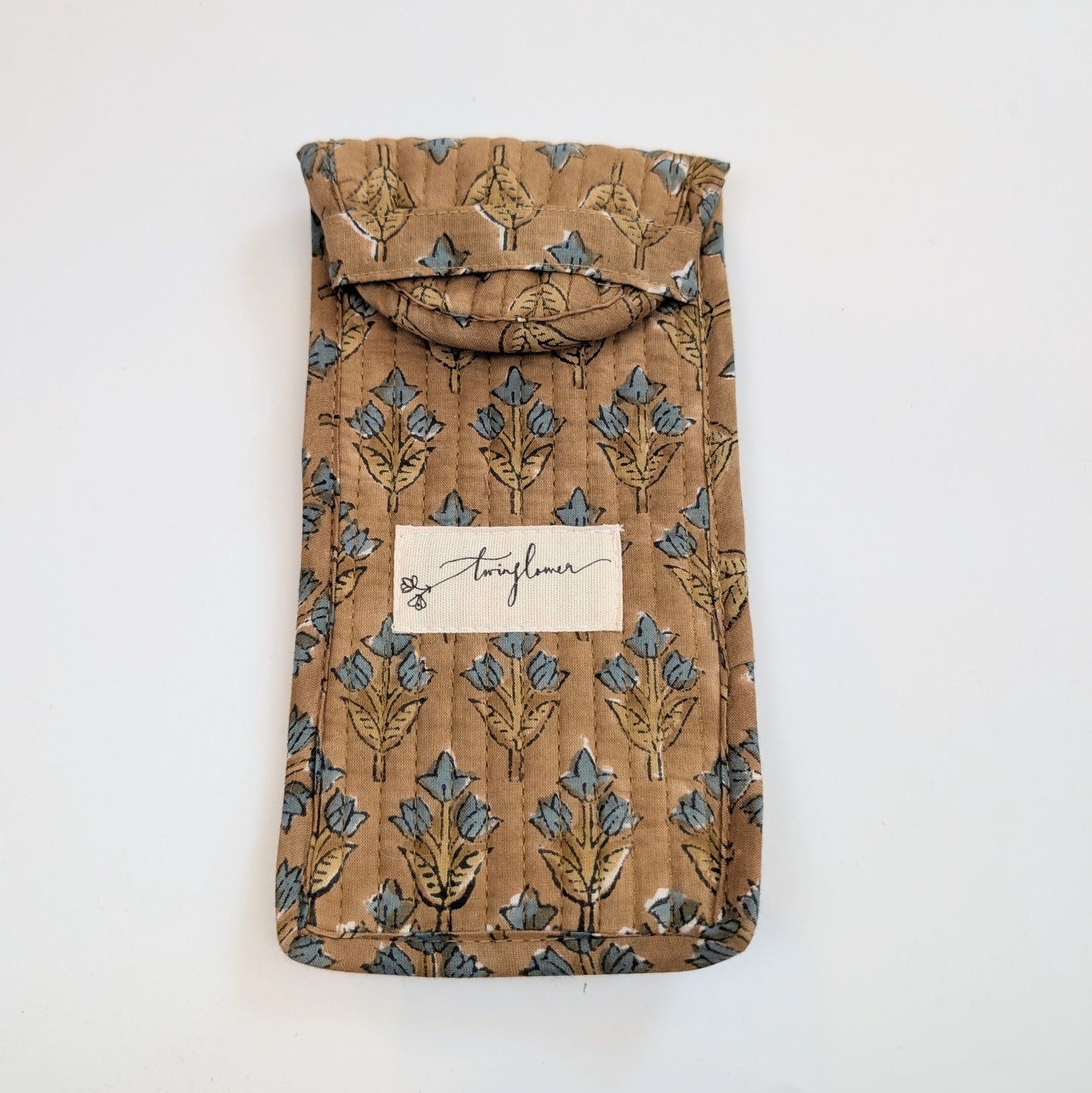 Taupe & Blue Floral Block Print Quilted Glasses Case