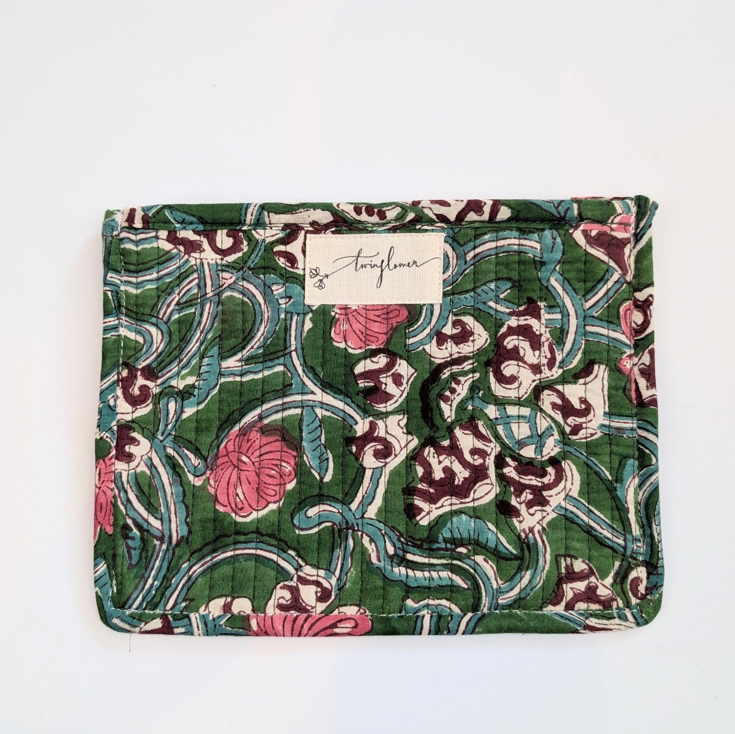 Pine Green Floral Block Print Quilted Medium Purse - Precious Sparkle