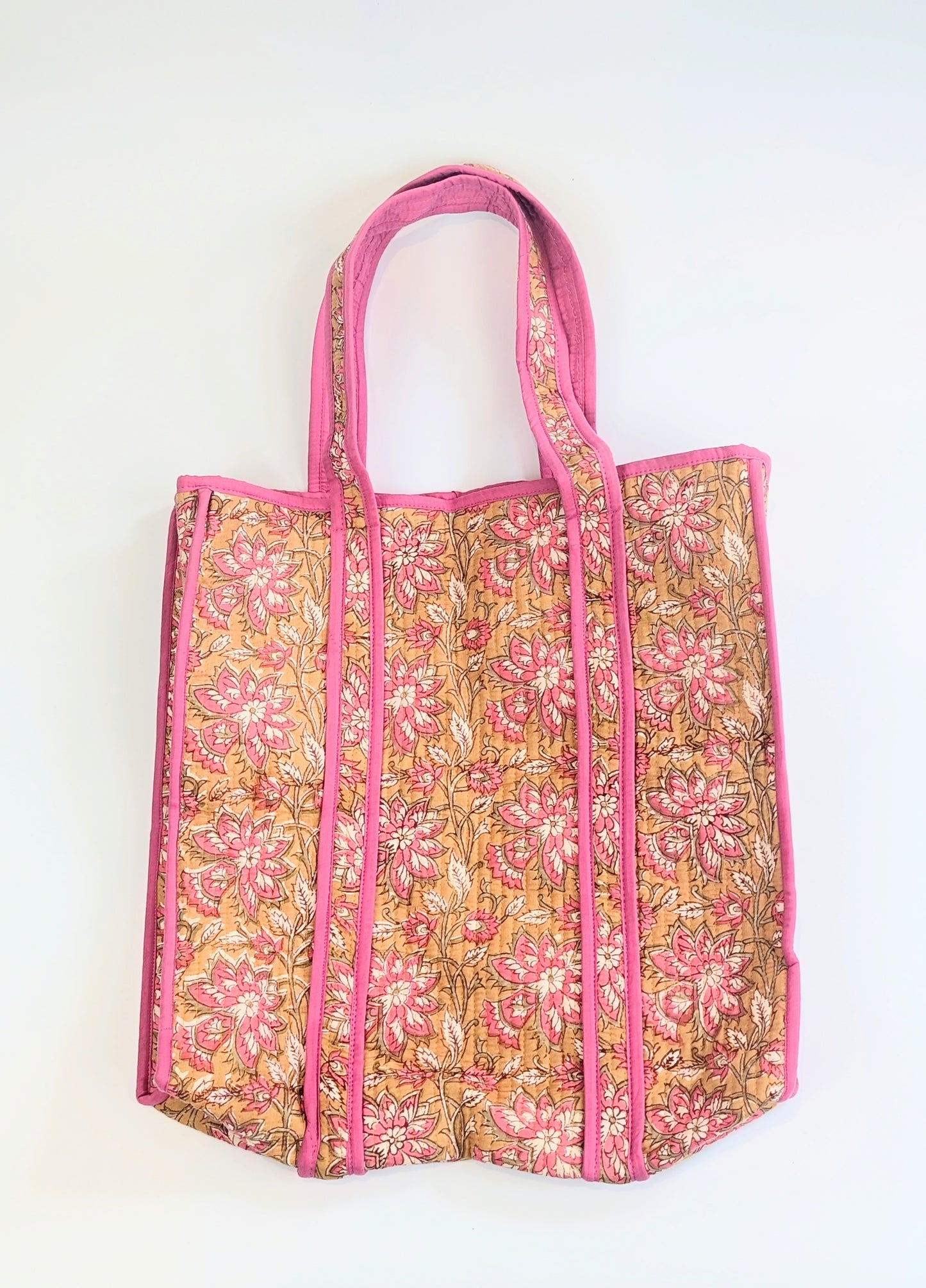 Mustard & Pink Floral Block Printed Tote Shoulder Bag