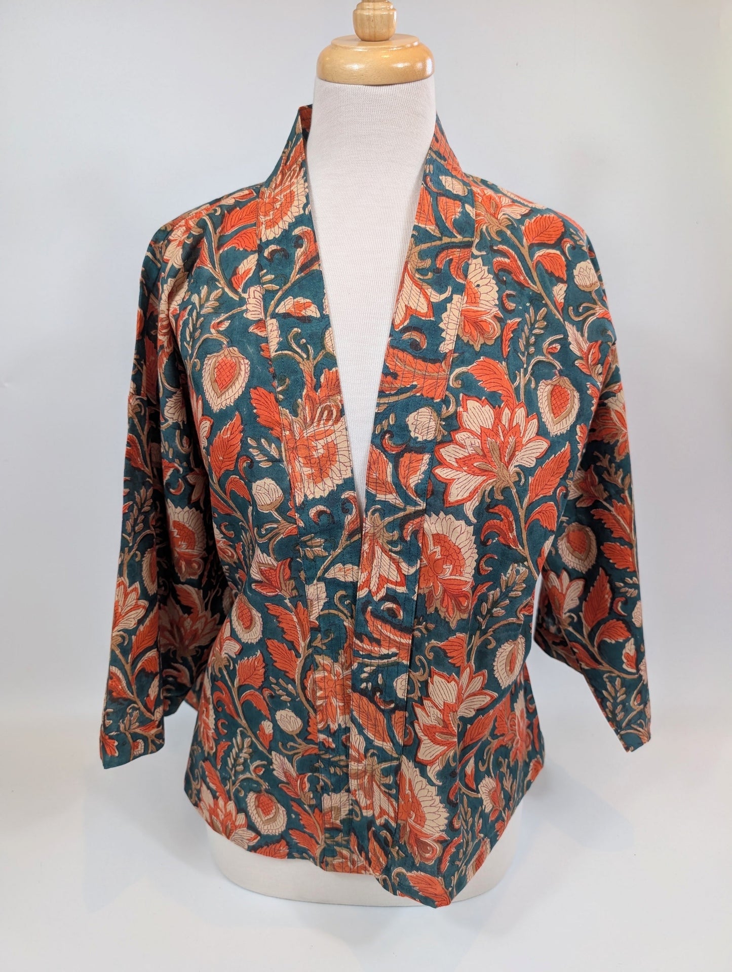 Blue & Orange Cotton Kimono Jacket Indian Block Printed
