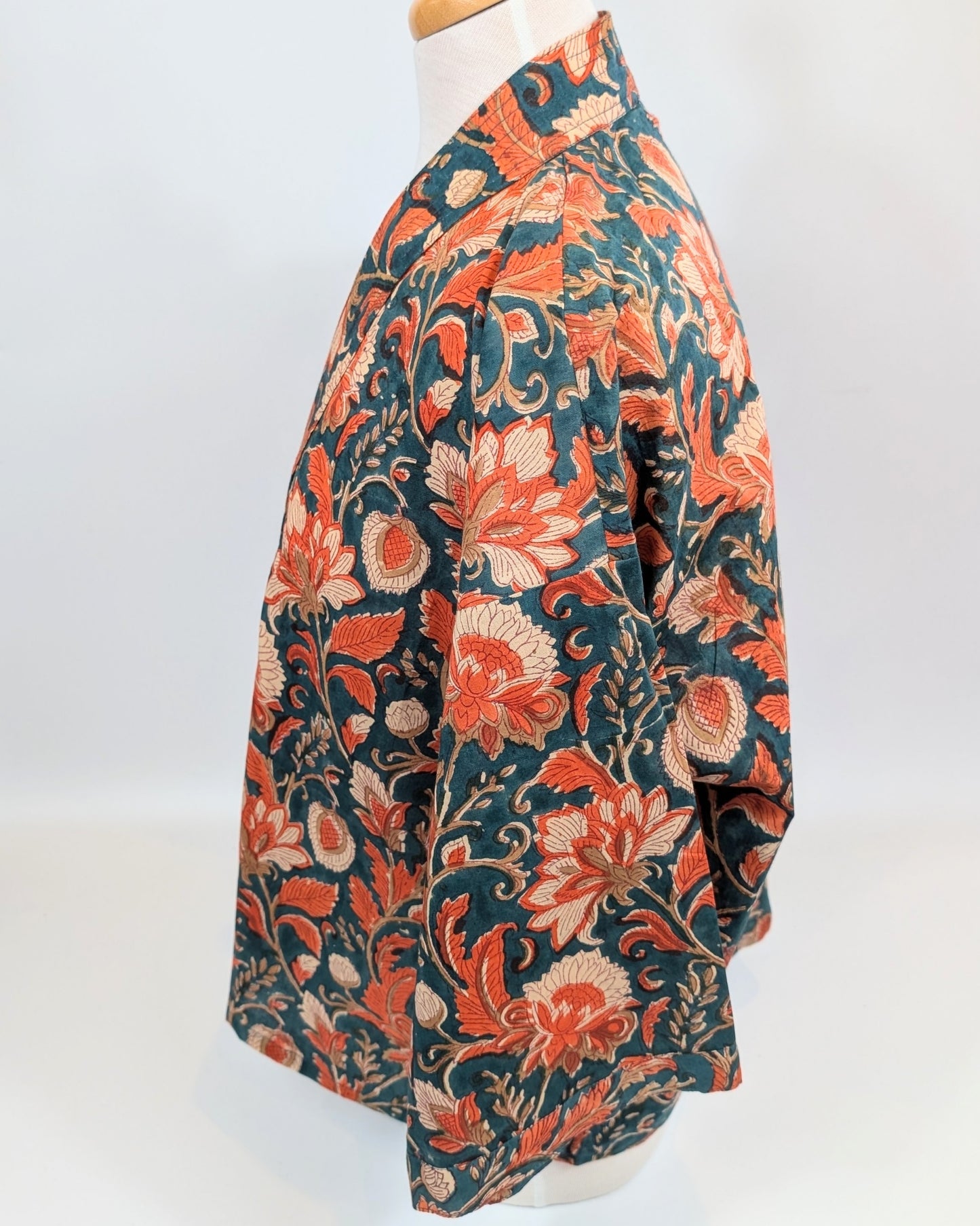 Blue & Orange Cotton Kimono Jacket Indian Block Printed - Precious Sparkle