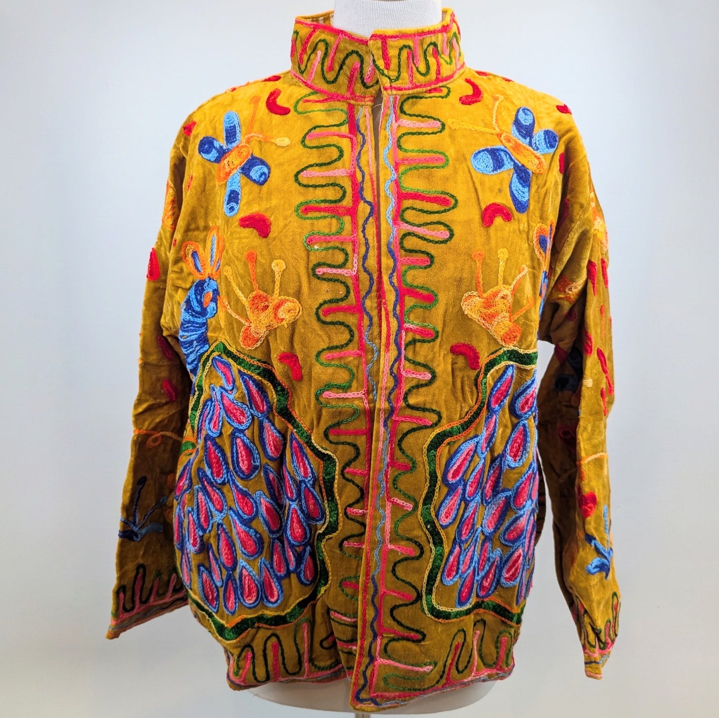 Mustard Peacock Velvet Suzani Kimono Embroidered Boho Jacket