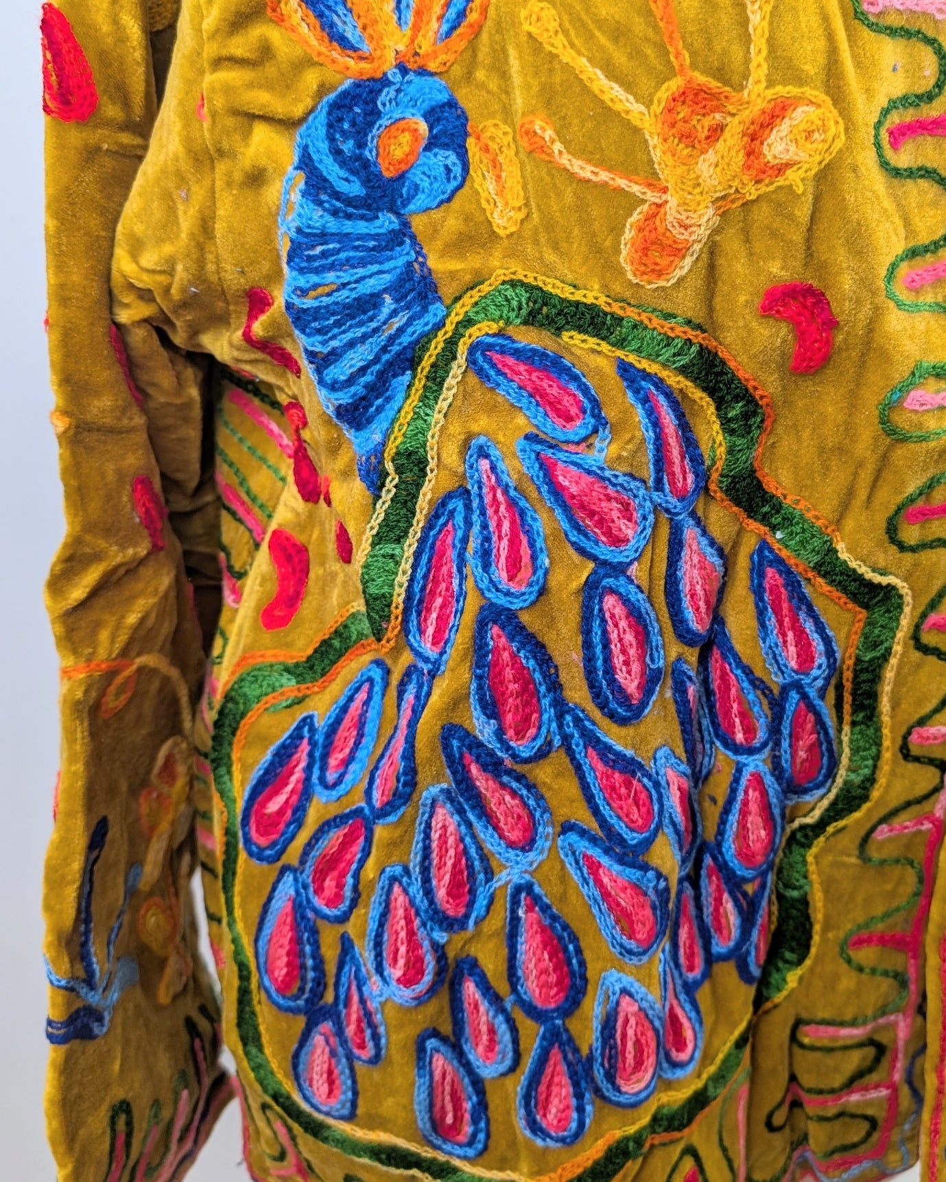 Mustard Peacock Velvet Suzani Kimono Embroidered Boho Jacket