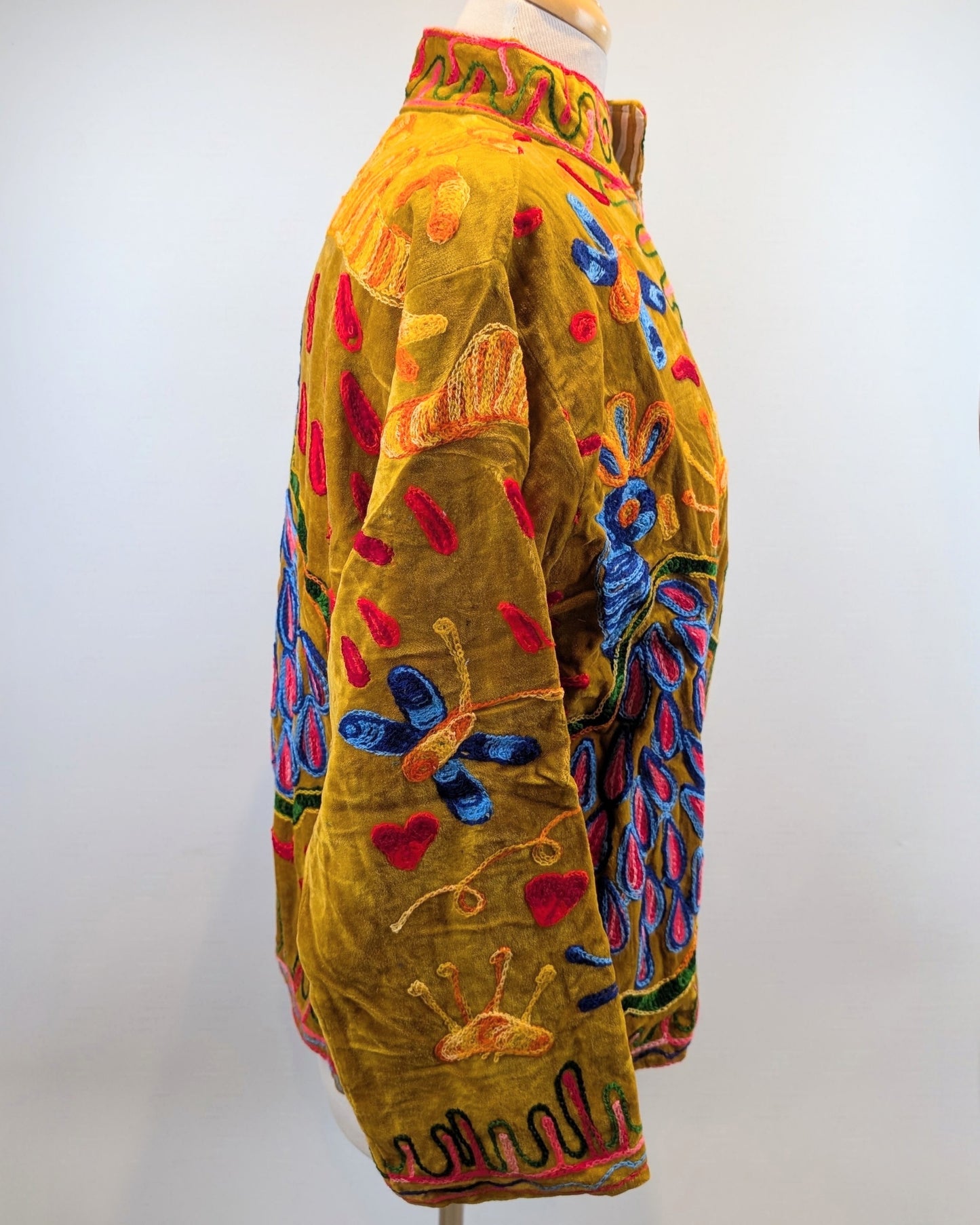 Mustard Peacock Velvet Suzani Kimono Embroidered Boho Jacket
