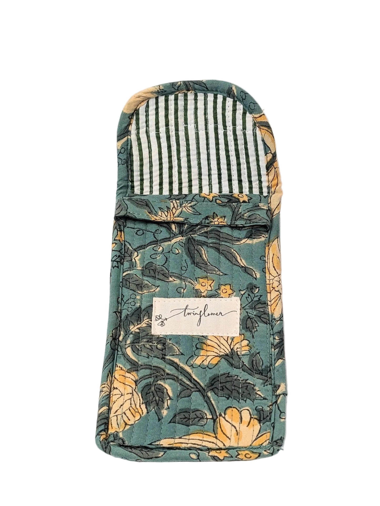 Teal & Yellow Floral Block Print Quilted Glasses Case - Precious Sparkle