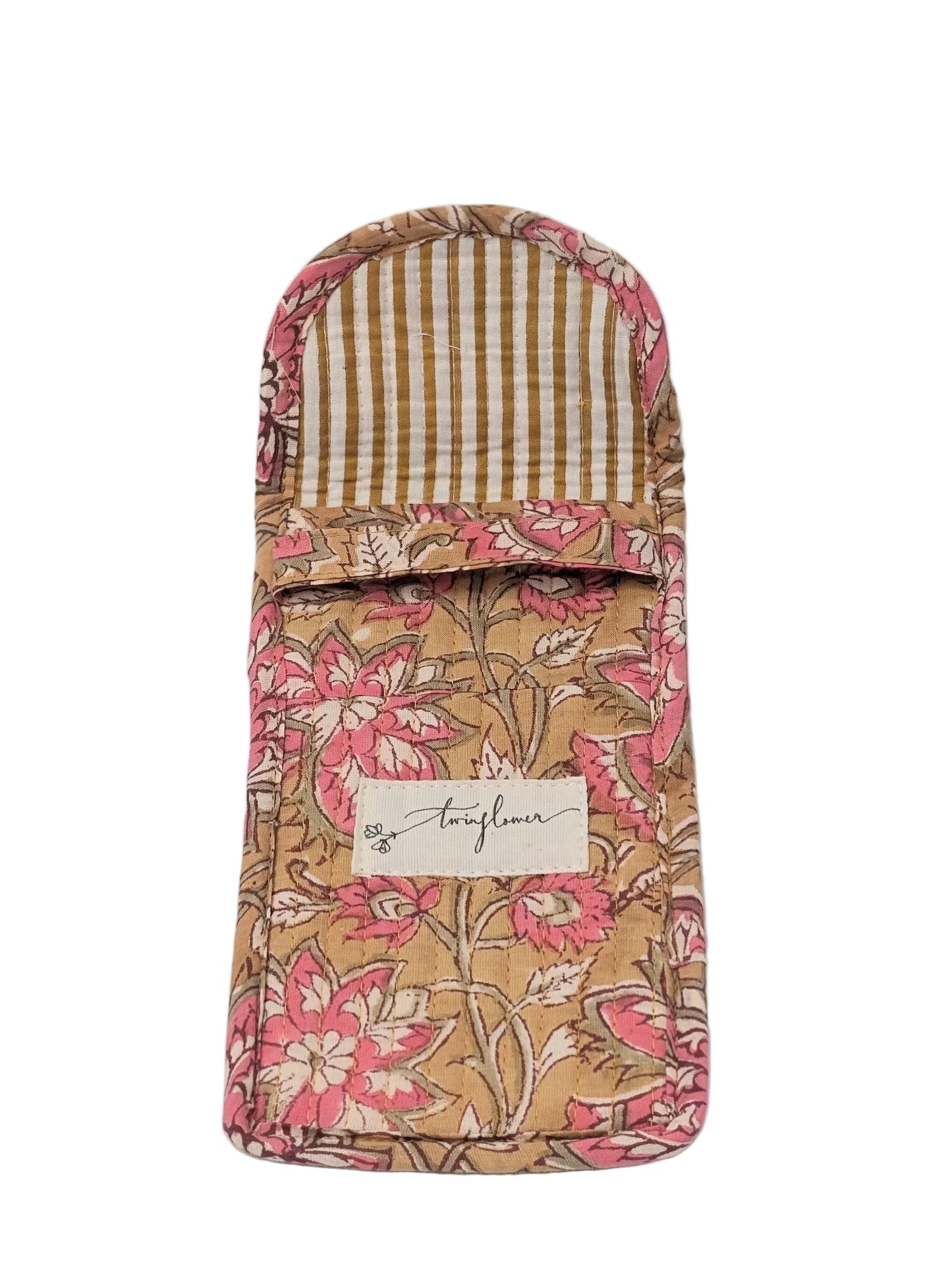 Mustard & Pink Floral Block Print Quilted Glasses Case - Precious Sparkle