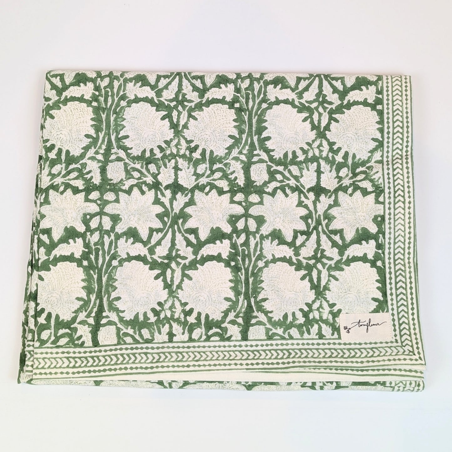 Emerald Green Block Printed Table Cloth 150x250cm - Precious Sparkle