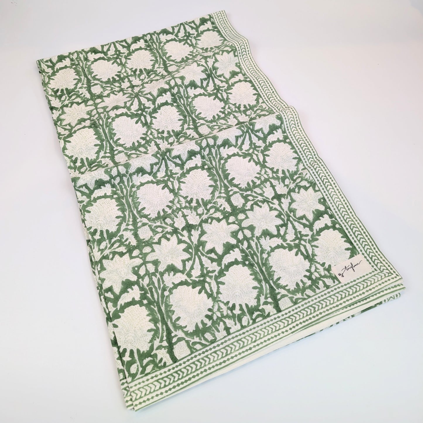 Emerald Green Block Printed Table Cloth 150x250cm - Precious Sparkle