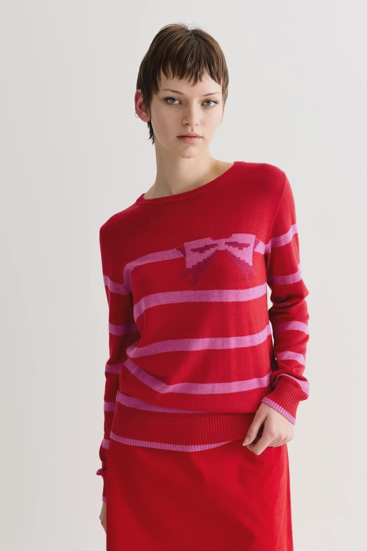 Louche Bly Bow Intarsia Striped Jumper Red - Precious Sparkle