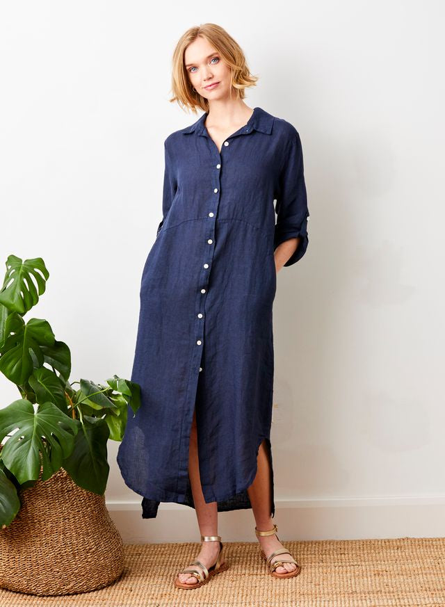 Suzy D London Larino Linen Long Button Thru Dress Navy