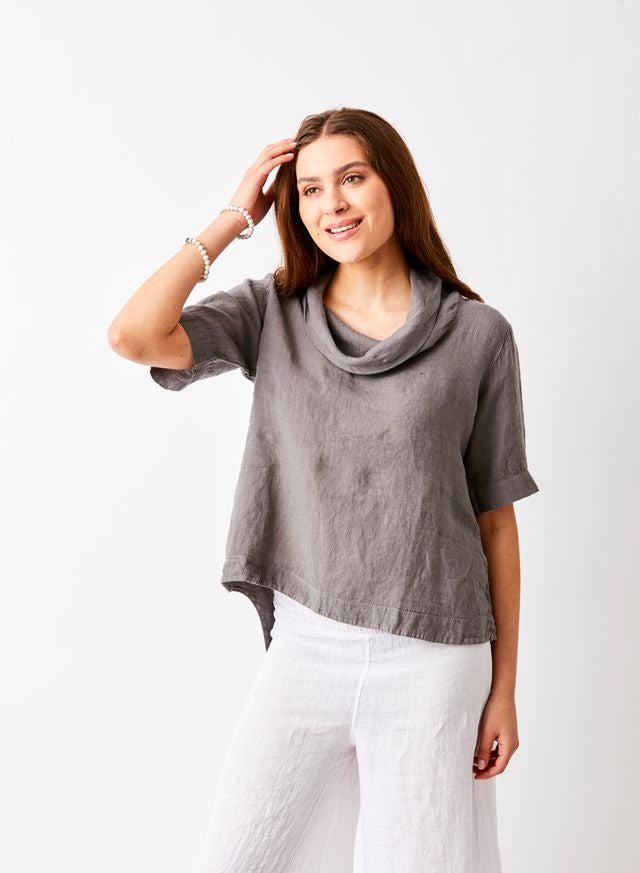 Suzy D London Salamanca Cowl Neck Hi Lo Linen Tee Mud