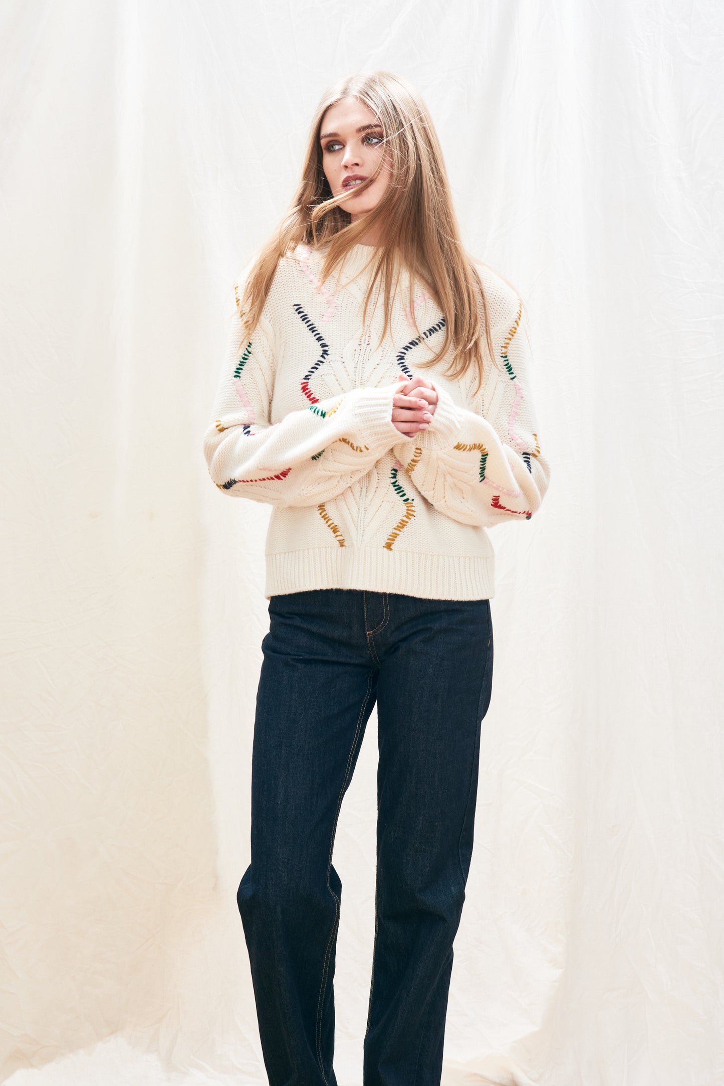 Jumper 1234 Overstitch Cream Cable Turtle Knit - Precious Sparkle