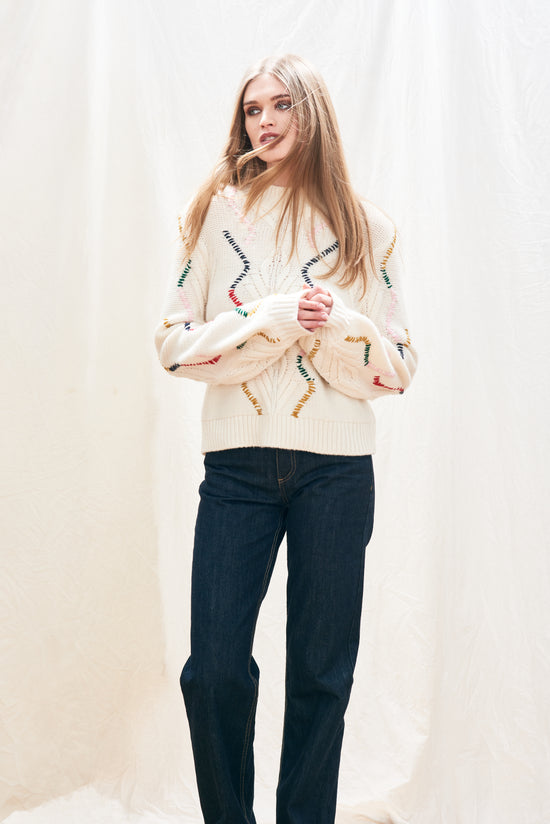 Jumper 1234 Overstitch Cream Cable Turtle Knit - Precious Sparkle