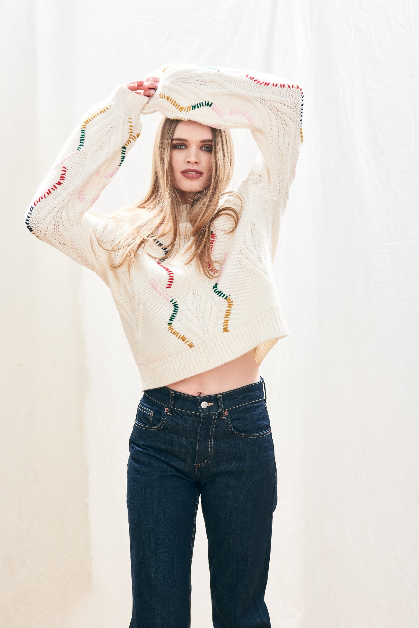 Jumper 1234 Overstitch Cream Cable Turtle Knit - Precious Sparkle