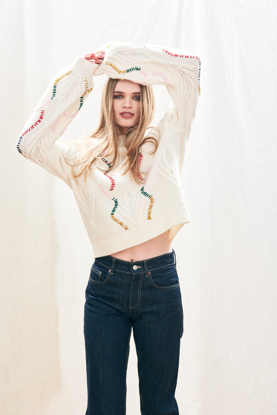 Jumper 1234 Overstitch Cream Cable Turtle Knit - Precious Sparkle