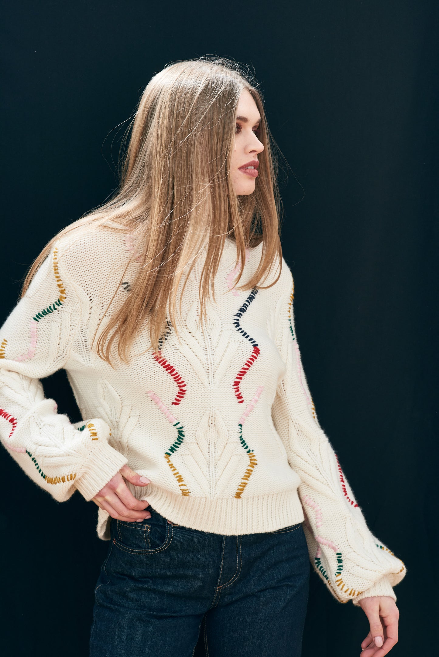 Jumper 1234 Overstitch Cream Cable Turtle Knit - Precious Sparkle