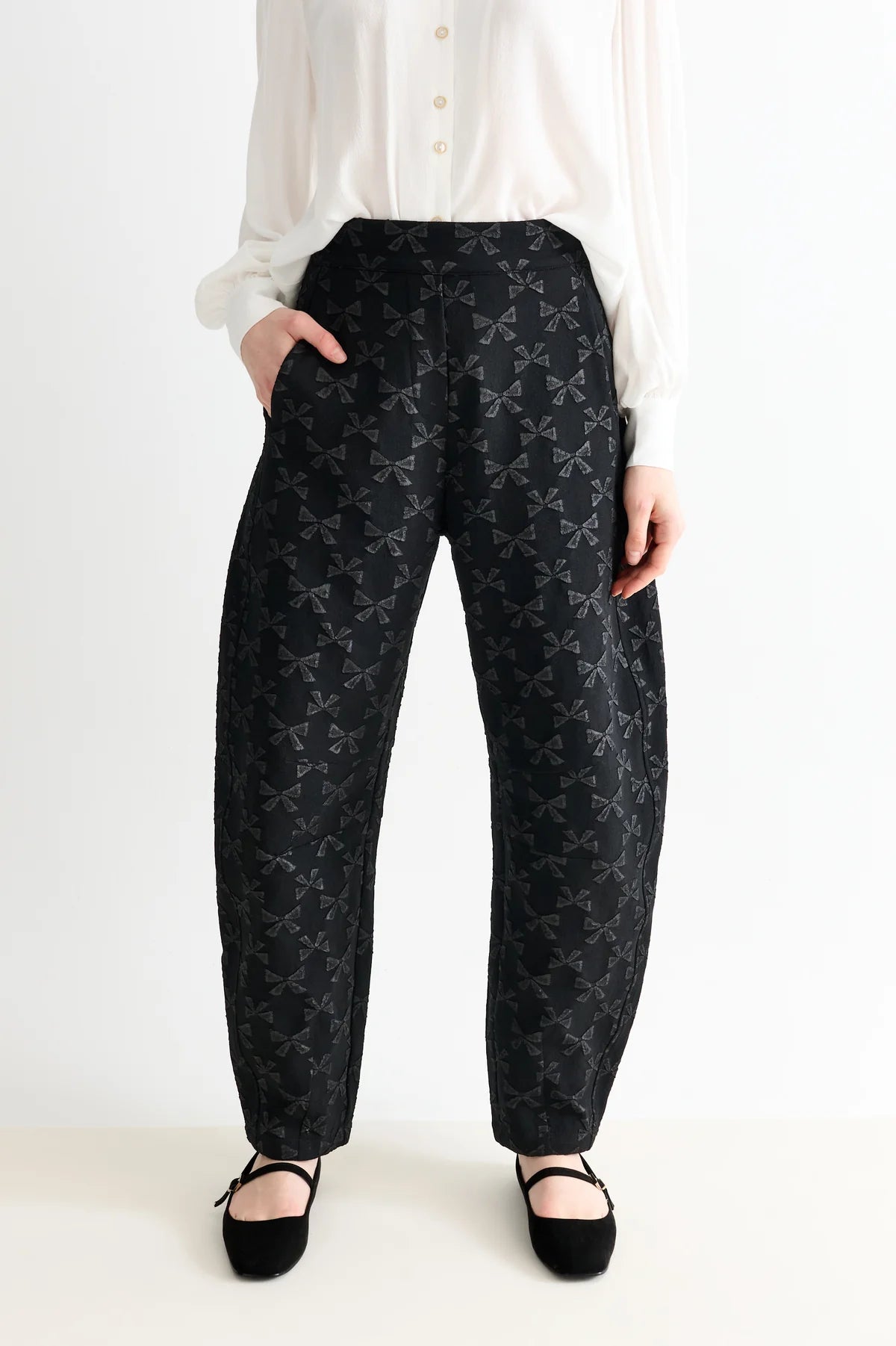 Louche Sutton Black Bow Jacquard Barrel Trousers - Precious Sparkle