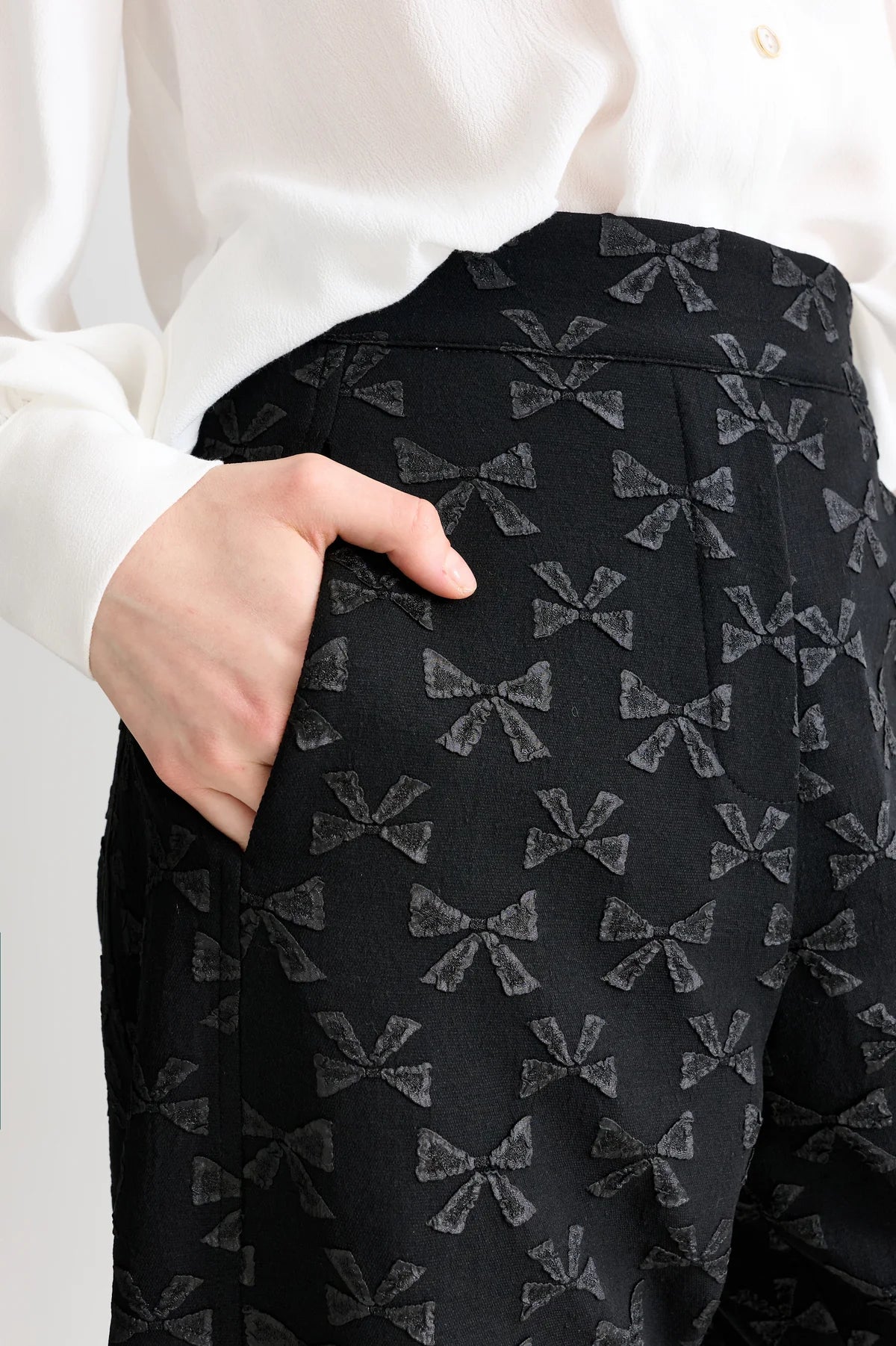 Louche Sutton Black Bow Jacquard Barrel Trousers - Precious Sparkle