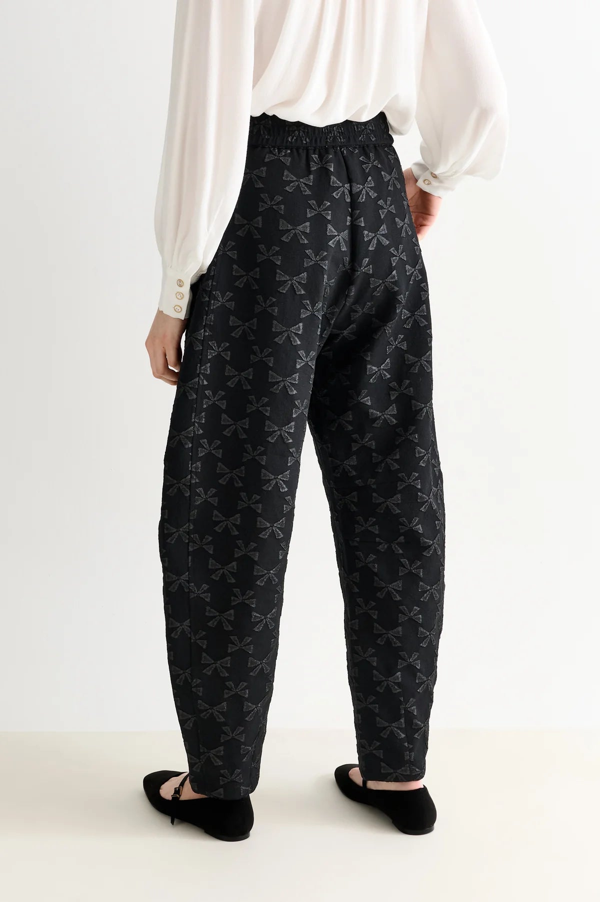 Louche Sutton Black Bow Jacquard Barrel Trousers - Precious Sparkle