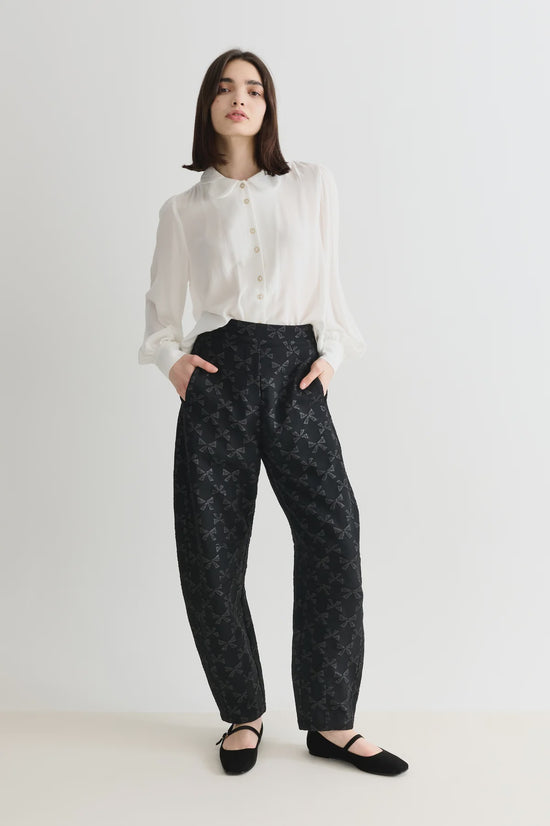 Louche Sutton Black Bow Jacquard Barrel Trousers - Precious Sparkle