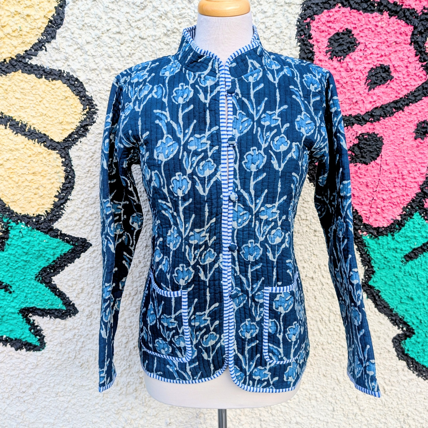 Twinflower Indigo Quilted Block Print Reversible Jacket - Precious Sparkle