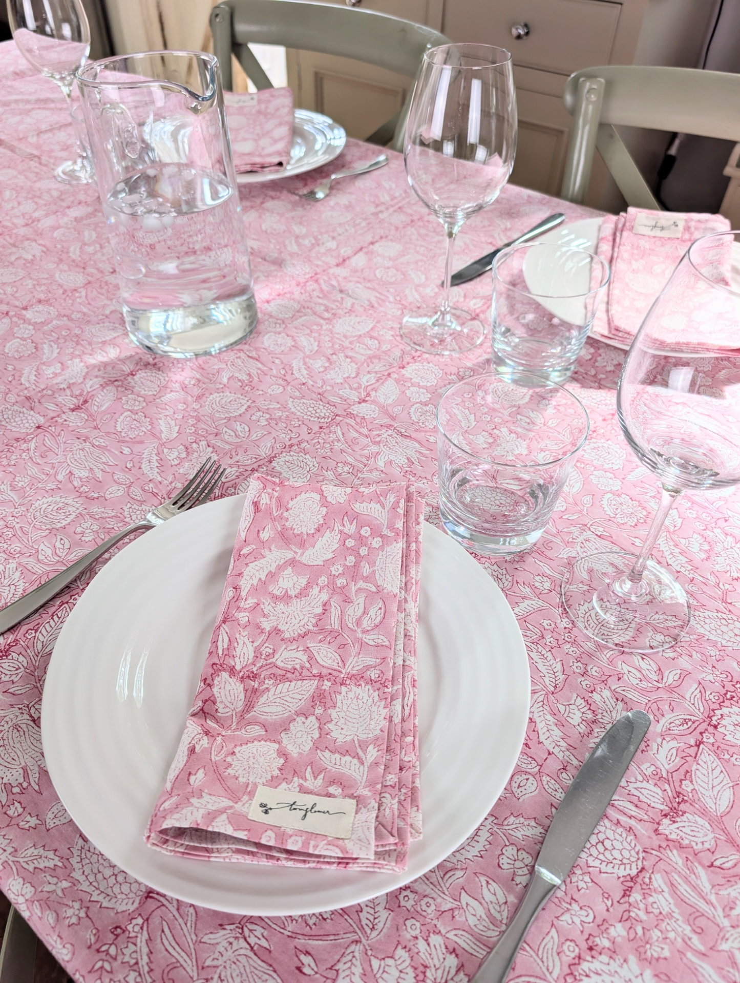 Pink Floral Block Printed Cotton Table Cloth 150x230cm
