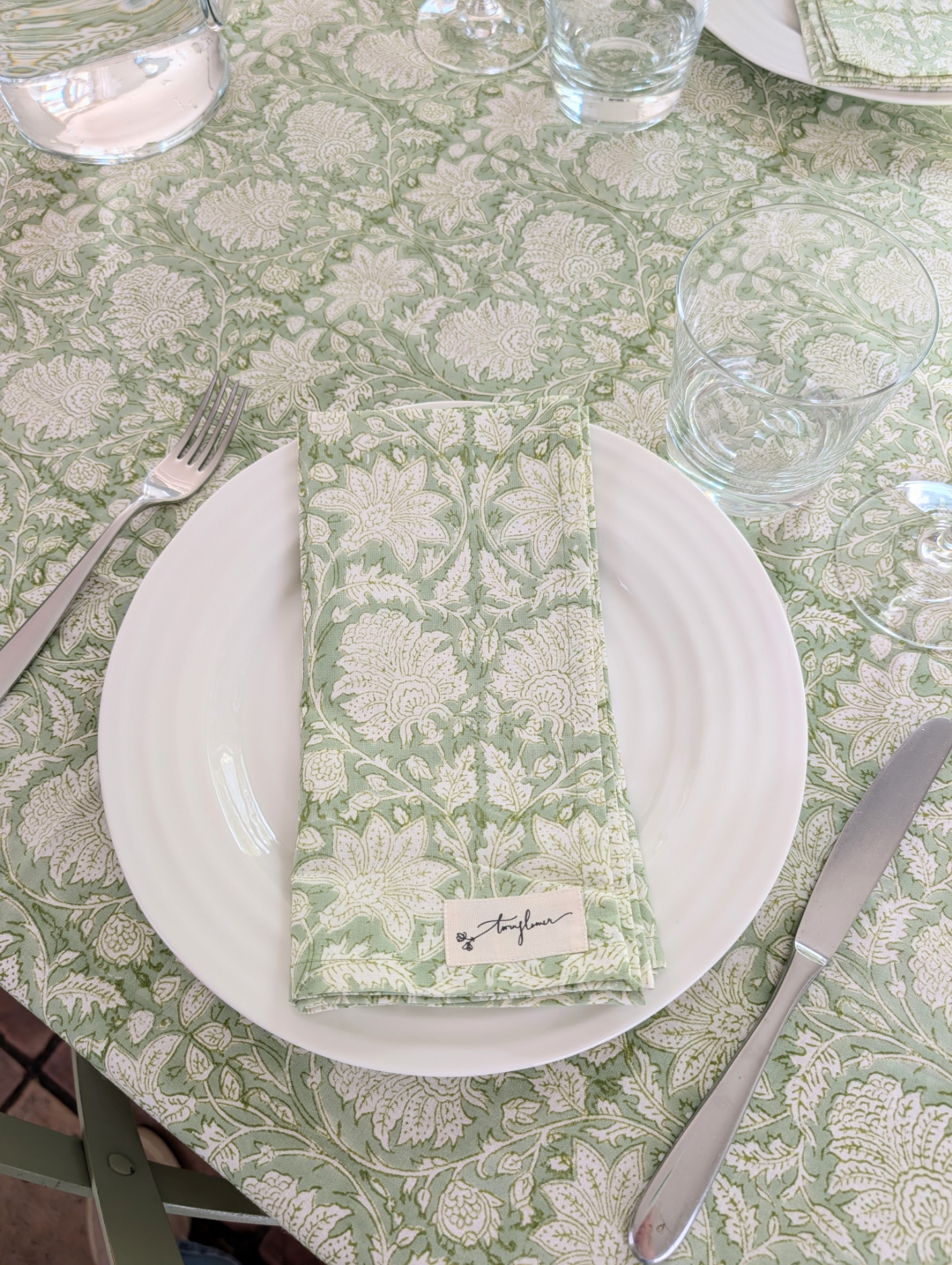 Green Floral Block Printed Cotton Table Cloth 150x230cm