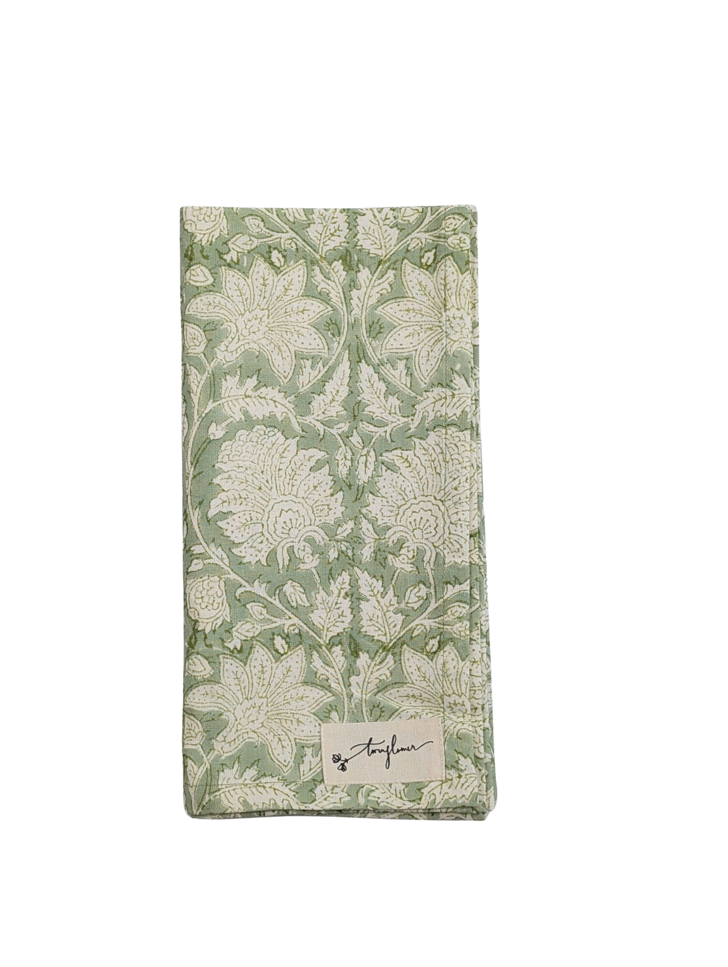 Green Floral Block Printed Cotton Napkin 50x50cm