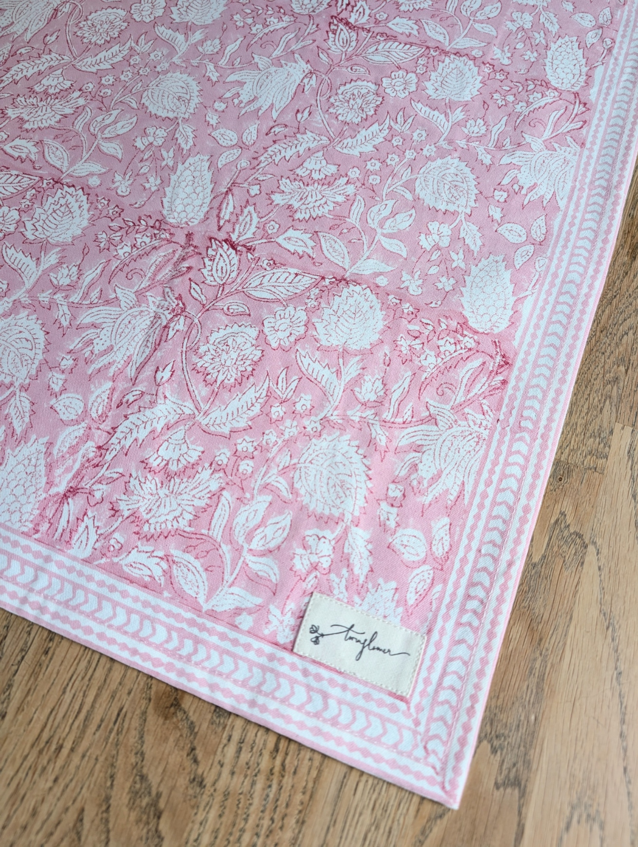 Pink Floral Block Printed Cotton Table Runner 45x150cm