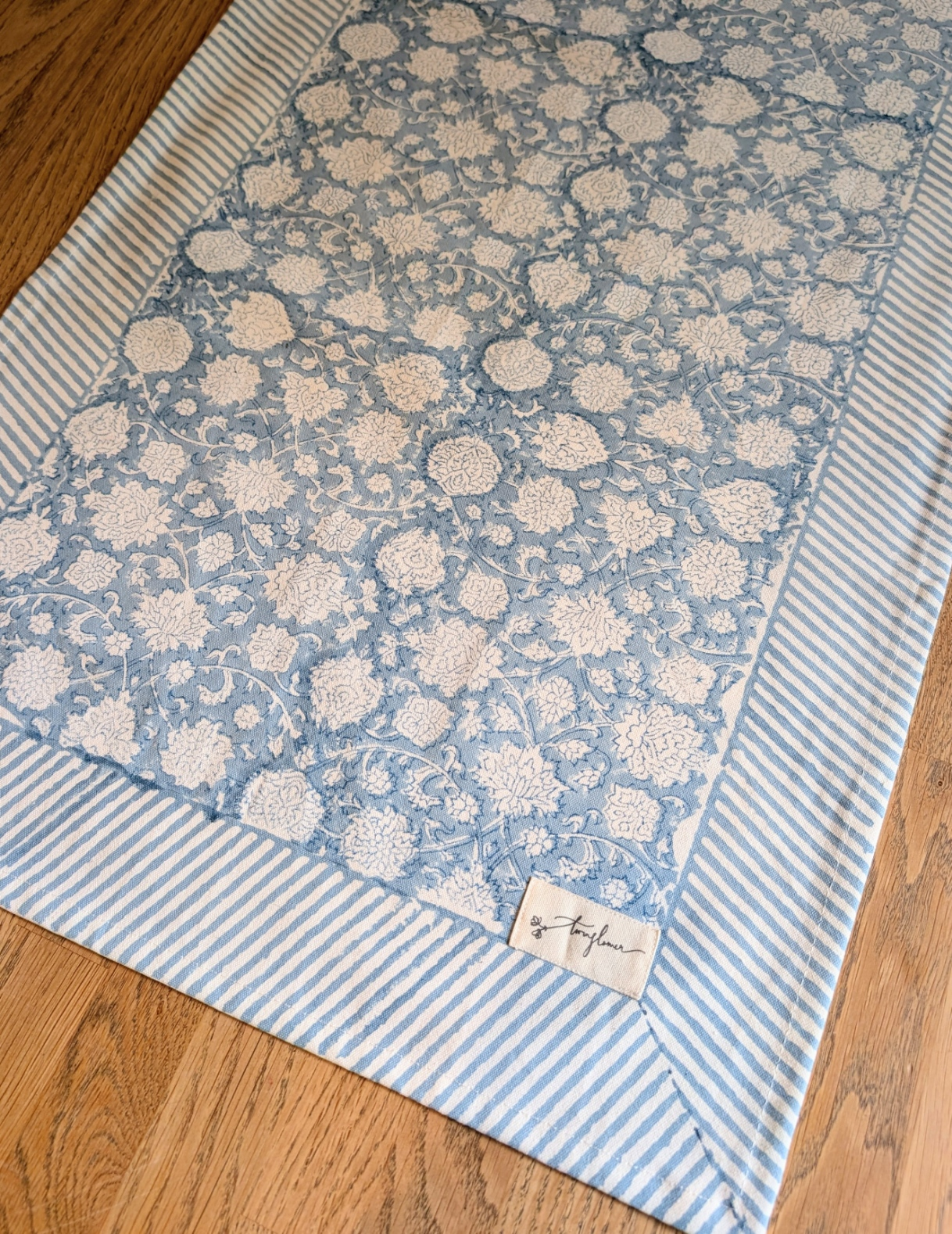 Blue Floral Block Printed Cotton Table Runner 45x150cm