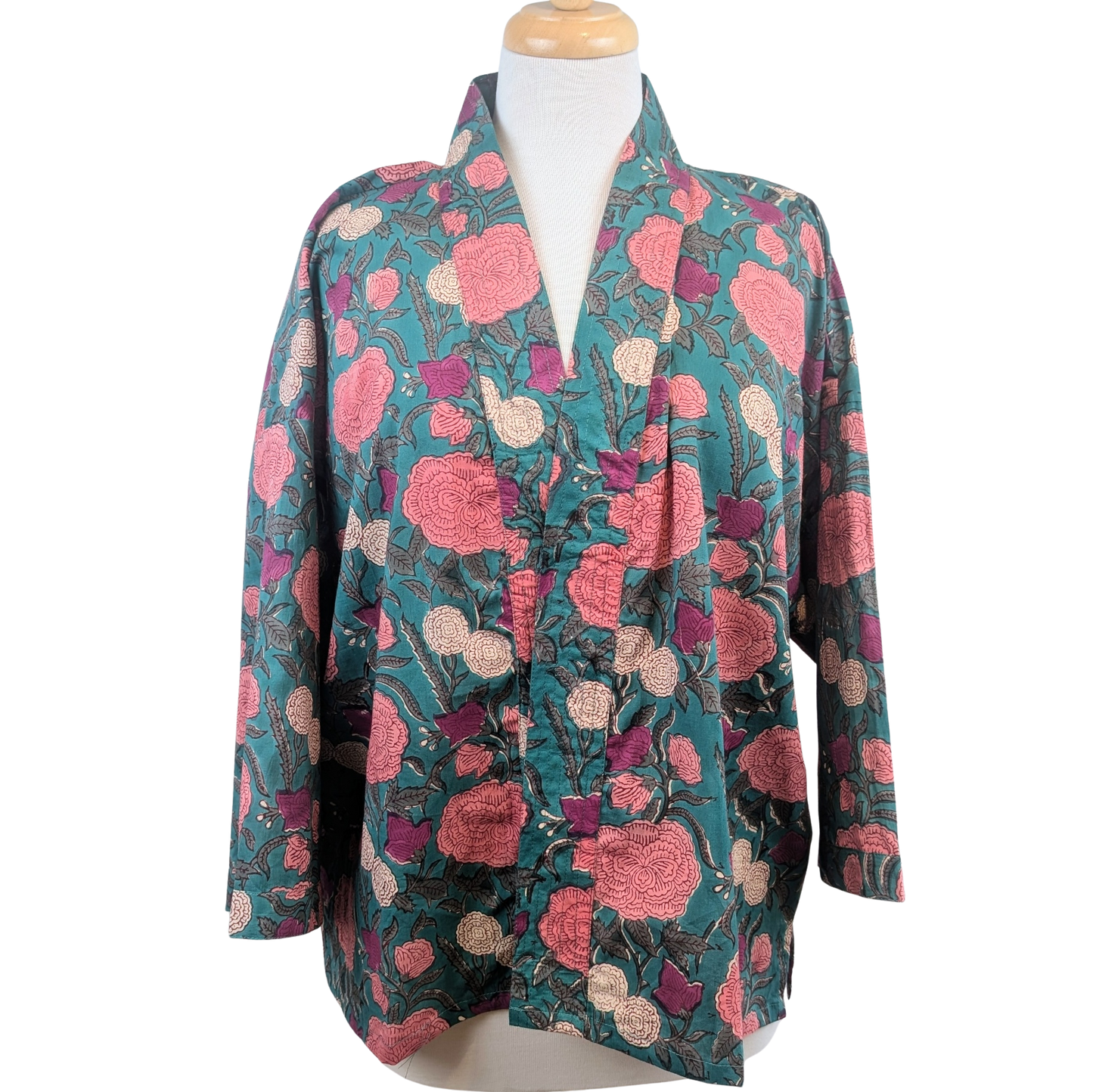 Teal & Pink Floral Cotton Kimono Jacket Indian Block Print