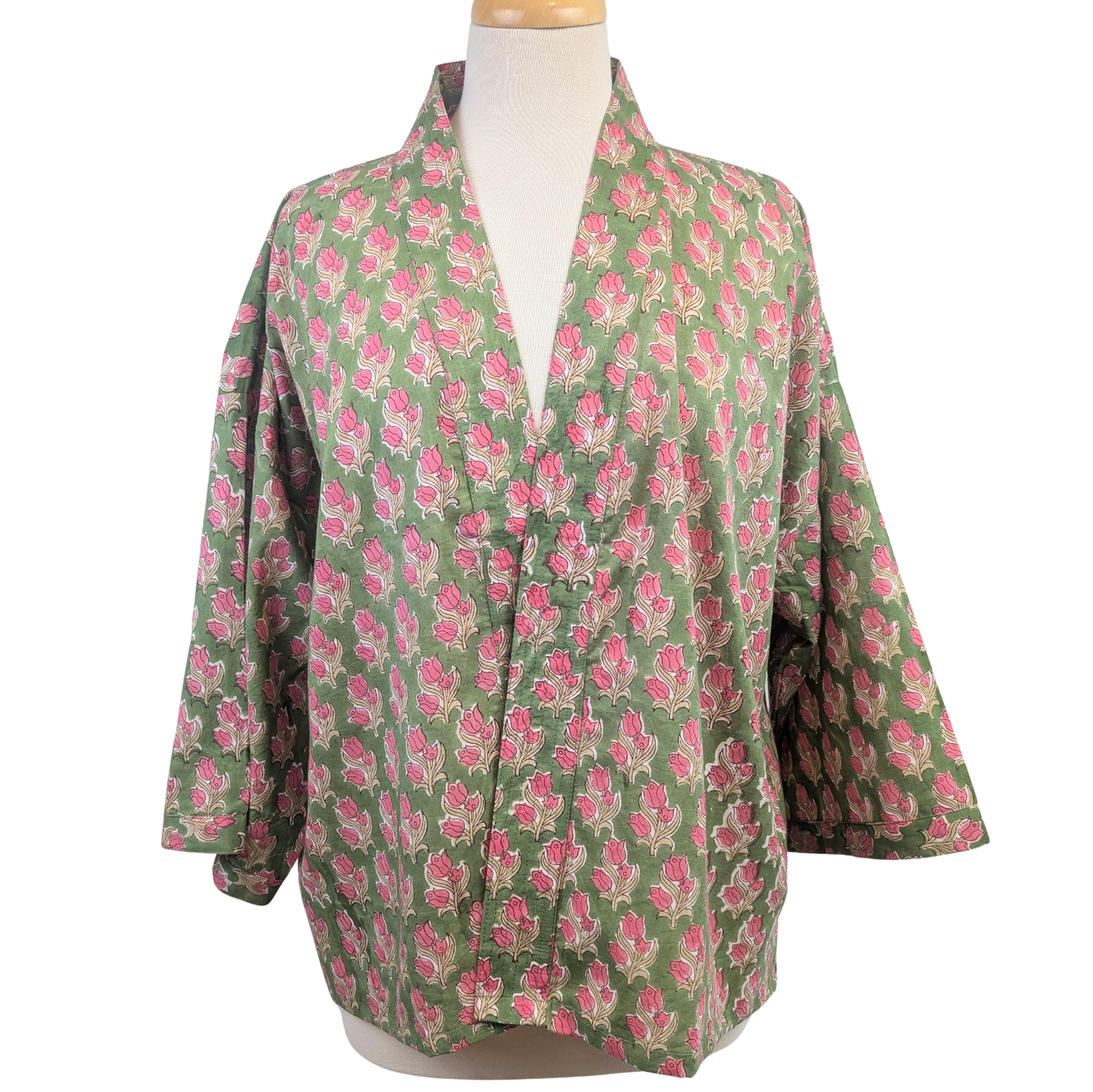 Green & Pink Floral Cotton Kimono Jacket Indian Block Print